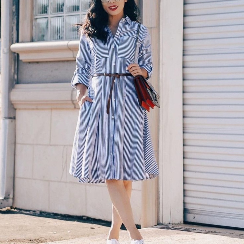 Michael Kors Blue and White Striped Midi Dress